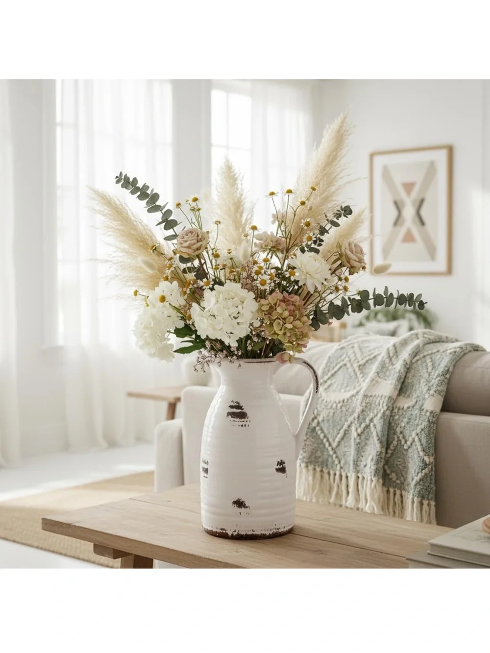 Rustic White Ceramic Vase with Neutral Floral Arrangement